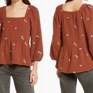 Madewell Embroidered Peplum Top Brown Floral Blouse Square Neck Size S